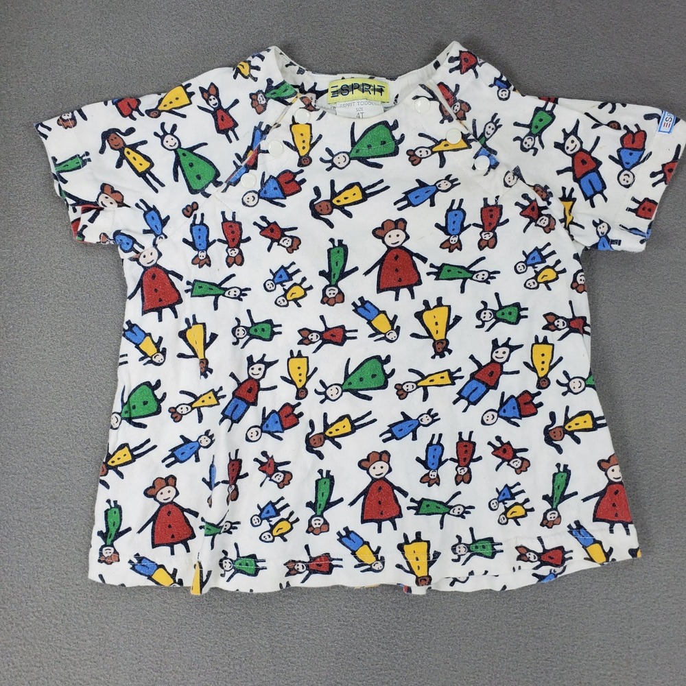 Esprit T-Shirt Toddler 4T White VTG 90s Stick Figure People Print Cotton Shirt